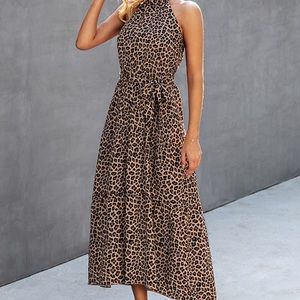Khaki Leopard Halter neck Sleeveless Dress